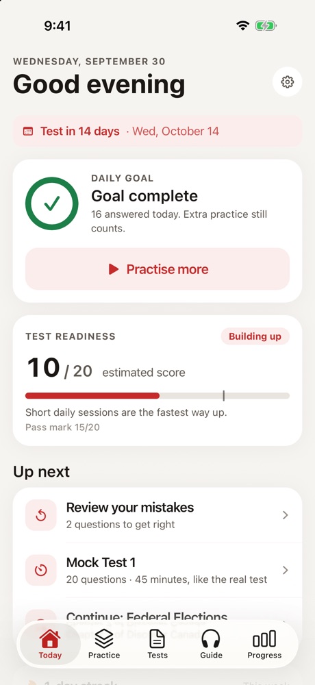 The Today screen: daily goal, test countdown and predicted score